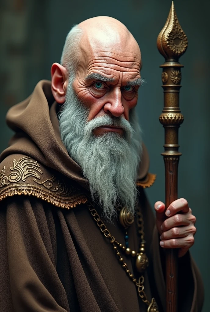 A highly detailed image of an elderly wizard. he is a man (mascle:1.5) wise and imposing appearance. He is bald and has a short gray beard., Her eyes are blue and expressive, reflecting a mixture of wisdom and nervousness. The face is richly detailed, capturing every line and wrinkle that tells the story of your long life.The wizard is dressed in ornate brown robes, full of intricate details and textures. He wears a metal bead necklace that adds a touch of mysticism to his look.. In one hand, he holds tightly a staff, which must be crafted with fine detail and a subtle magical glow.The image must be ultra-detailed (1.3), with a focus on capturing the texture of the ornate clothing and the details of the staff. Lighting should create a detailed, beautiful glow, enhancing every aspect of your appearance and attire..Make sure every aspect is meticulously detailed (1.2), from your exquisitely drawn face (1.2) to the vibrant gradients and tones that bring the scene to life. His eyes, full of depth and detail (1.2), should draw the viewer in, against a richly detailed background and landscape. Employ a dynamic angle (1.2) and pose (1.2), adhering to the rule of thirds (1.3) and incorporating a strong line of action (1.2) for an eye-catching composition.The photo should capture a wide view, bathed in light , highlighting your solitary, seductive presence and your exposed skin. Render this scene in 8K resolution with HDR.Make sure the outfit has a subtle bulge in the tunic, suggesting something hidden beneath. The image must be a true work of art, with a striking visual quality that highlights the character and presence of the elderly wizard