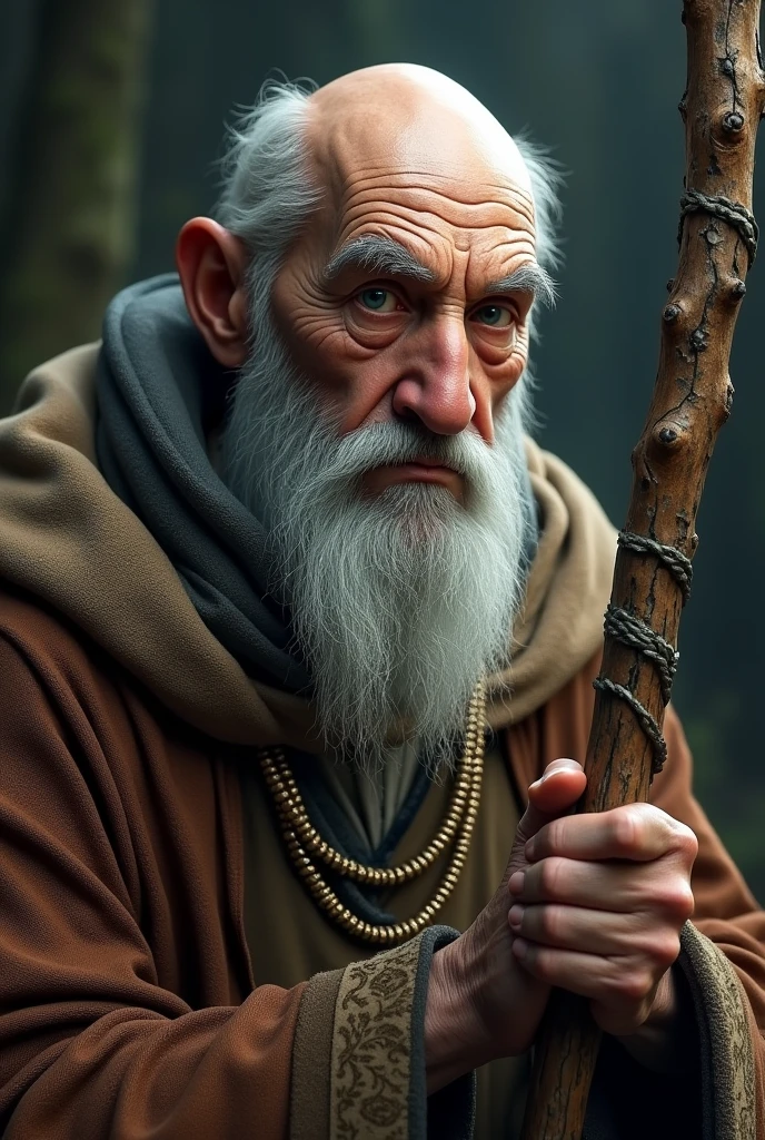 A highly detailed image of an elderly wizard. he is a man (mascle:1.5) wise and imposing appearance. He is bald and has a short gray beard., Her eyes are blue and expressive, reflecting a mixture of wisdom and nervousness. The face is richly detailed, capturing every line and wrinkle that tells the story of your long life.The wizard is dressed in ornate brown robes, full of intricate details and textures. He wears a metal bead necklace that adds a touch of mysticism to his look.. In one hand, he holds tightly a staff, which must be crafted with fine detail and a subtle magical glow.The image must be ultra-detailed (1.3), with a focus on capturing the texture of the ornate clothing and the details of the staff. Lighting should create a detailed, beautiful glow, enhancing every aspect of your appearance and attire..Make sure every aspect is meticulously detailed (1.2), from your exquisitely drawn face (1.2) to the vibrant gradients and tones that bring the scene to life. His eyes, full of depth and detail (1.2), should draw the viewer in, against a richly detailed background and landscape. Employ a dynamic angle (1.2) and pose (1.2), adhering to the rule of thirds (1.3) and incorporating a strong line of action (1.2) for an eye-catching composition.The photo should capture a wide view, bathed in light , highlighting your solitary, seductive presence and your exposed skin. Render this scene in 8K resolution with HDR.Make sure the outfit has a subtle bulge in the tunic, suggesting something hidden beneath. The image must be a true work of art, with a striking visual quality that highlights the character and presence of the elderly wizard
