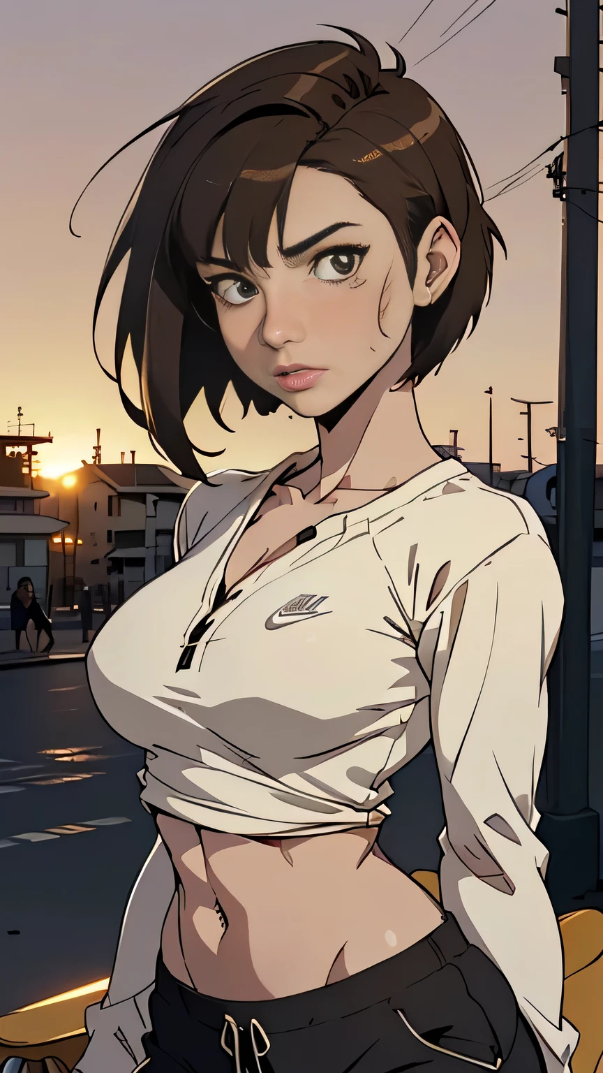 photo of mlp Meowko, RAW, beautiful woman, ((portrait)), ((detailed face:1.2)), ((anime face, anime facial feature, clear skin, glossy anime lips, clear skin), (short messy lesbian haircut, brunette: 1.55),  (perfect proportioned body, Strong, muscular, narrow waist, narrow hips, skinny, large breasts), (she is wearing A Long sleeve Henley shirt, Boy shorts, Nike sneakers), Riding a skateboard down Venice Beach, boardwalk, sunset Beach background, (realistic photo, best quality, detailed), (8k wallpaper), (cinematic lighting, beautiful light, (afternoon:1.3)) (sharp focus, intricate)