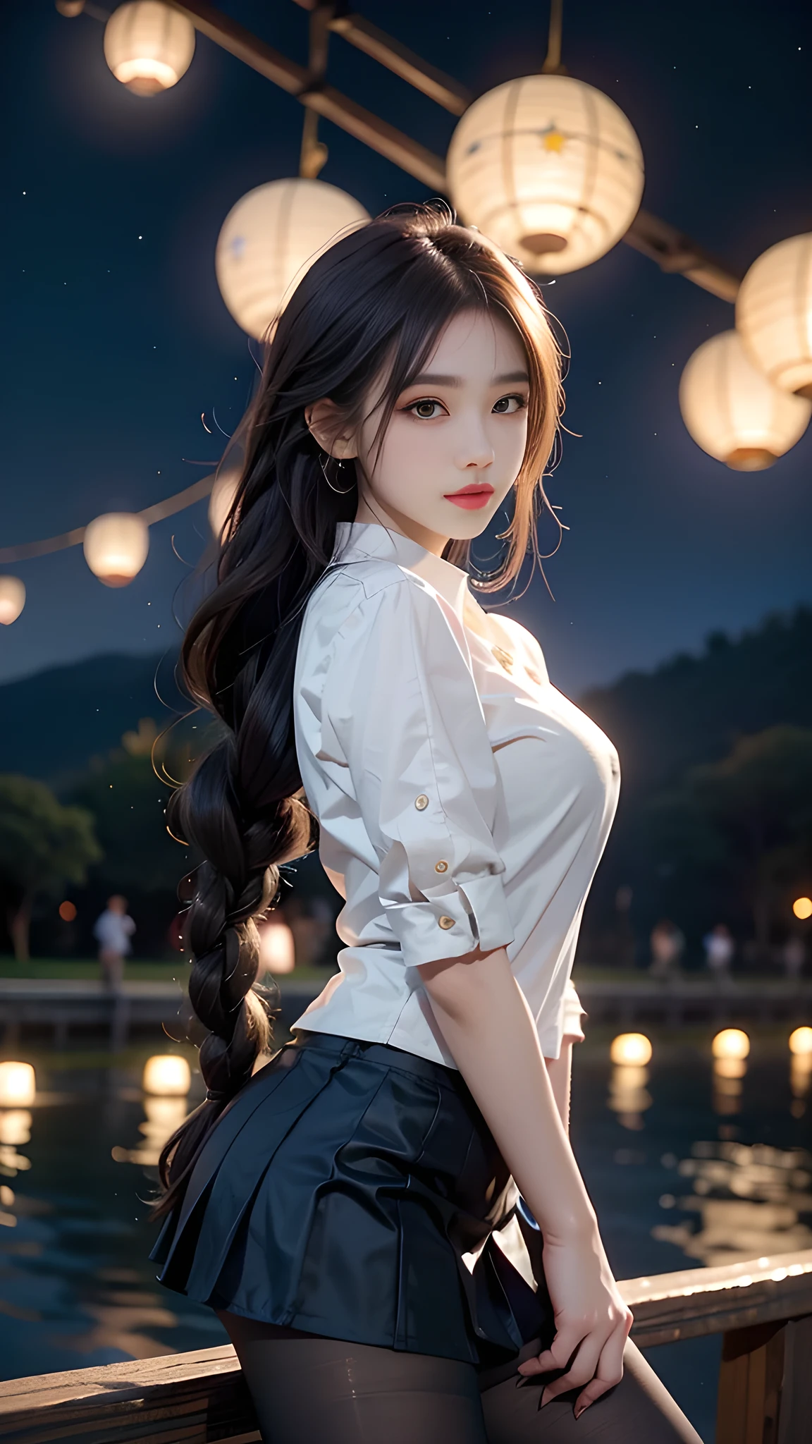 ulzzang-6500-v1.1, (RAW photo: 1.2), (Real photo), (Real photo: 1.4), 1 girl、Perfect anatomy、19 years old、Looking at the camera、Medium length hair、side braids, uniform short skirt, in a surreal royal garden, with many hanging lanterns, under the starry night sky, ((starry night: 1.1))、(Surreal tights: 1.2), (Business service)、Asian eyes Ella,