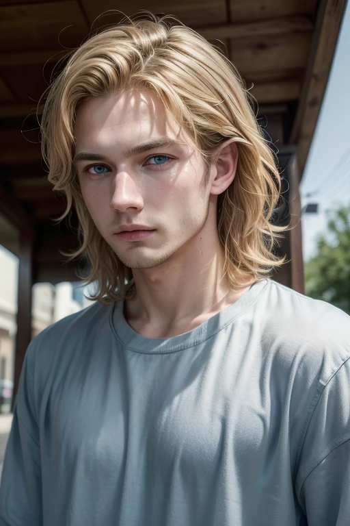 (work of art, absurderes, high resolution, ultra detaild), 1 men, Wavy blonde hair, grown-up, blue colored eyes, hypdertailed, male focus,beautiful  face, casual clothes, enchanting, adorable, detailed eyes and face,