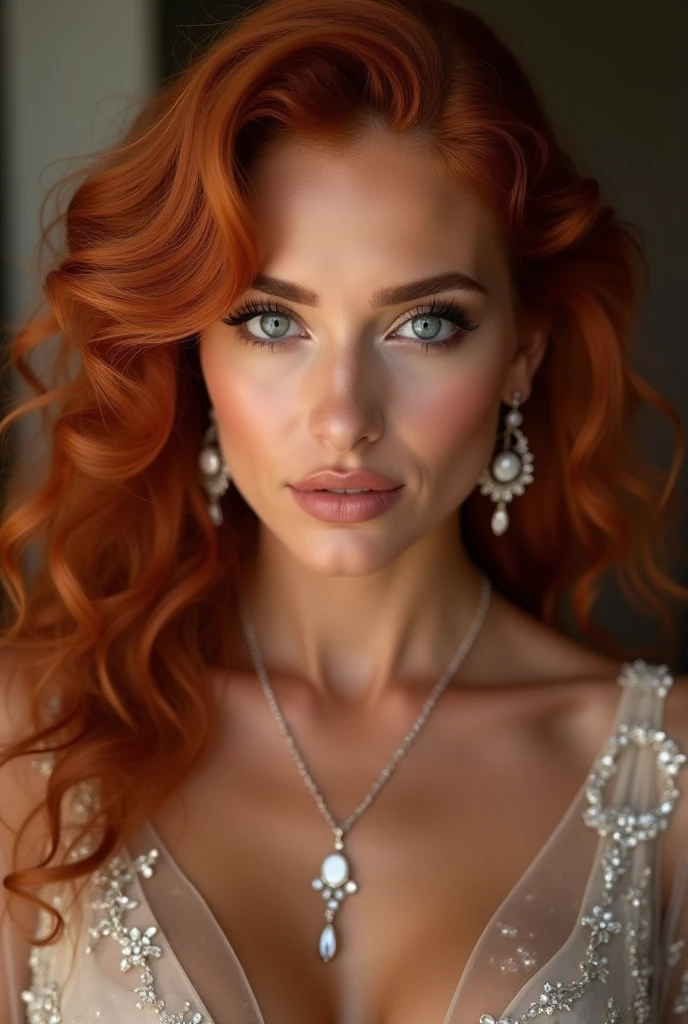 (Realistic photo of a beautiful woman, full body picture, 35 years old, grey eyes, full full lips, red hair, long curly hair, curls, boobs, tanned skin, jewellery, realistic, soft lighting, professional photography, photorealistic, detailed, RAW, sharp focus, ultra-high resolution, best quality, masterpiece, (best quality, high-resolution, ultra-detailed:1. 2), HDR, bright colours, curvy, sexy,  earrings, evening gown, long legs
