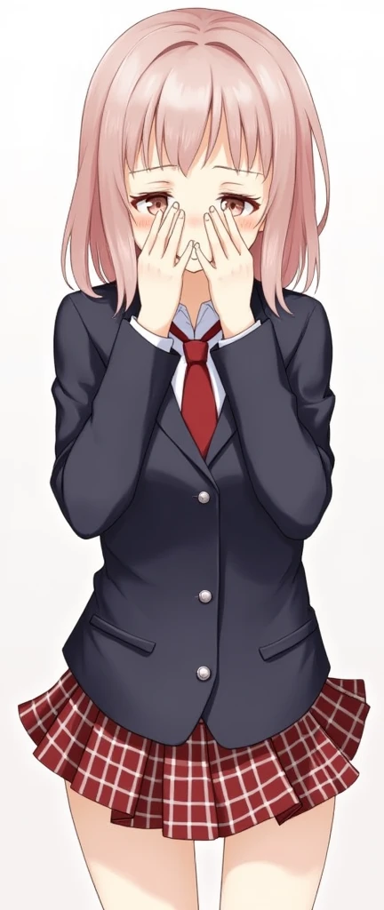 One boy, Jacket, tie, Checked mini skirt, Childhood friend, Women's uniforms, Women, Embarrassing , To hide one's face with one's hands, Anime Style