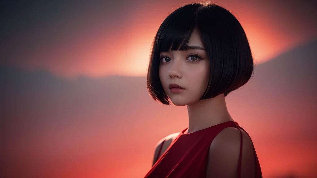 Delicate and dainty young woman with shiny bob-cut black hair . She is wearing bright red. The background is a fantastic and ethereal night sky that seems to be haunted by a specter. Her expression is stern and atmospheric. Angle from directly below.