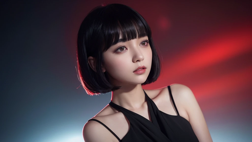 Delicate and dainty young woman with shiny bob-cut black hair . She is wearing bright red. The background is a fantastic and ethereal night sky that seems to be haunted by a specter. Her expression is stern and atmospheric. Angle from directly below.