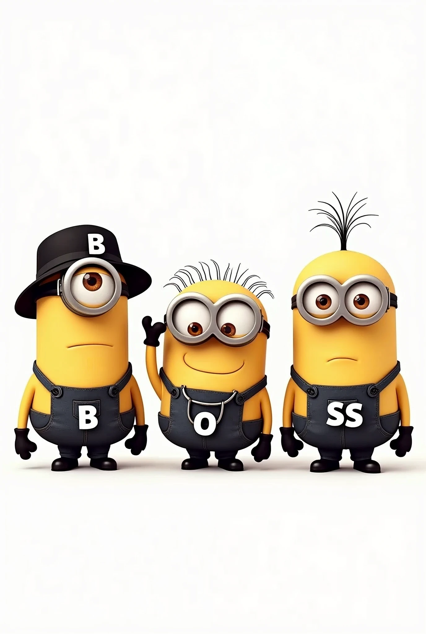 clipart, cute file, white background, vector, flat, three Minions characters are dressed in Hip Hop style, one is wearing a necklace with the acronym B, another is wearing a necklace with the acronym O and the other is wearing a necklace with the acronym acronym SS
