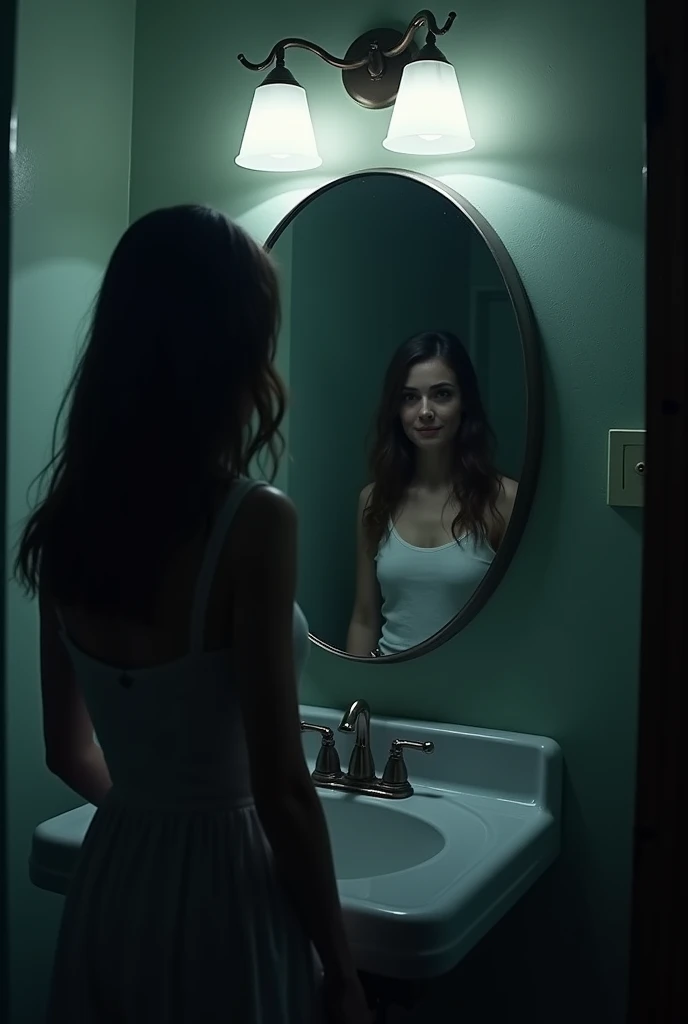 I need more then to images fo this story. Sure! Here’s a brief scary story:
---
**Title: "The Reflection"**
Samantha was alone at home, her parents away for the weekend. As the clock struck midnight, she went to the bathroom to brush her teeth. The only light came from a dim ceiling bulb, casting eerie shadows.
While brushing, she noticed something strange in the mirror. Her reflection wasn’t mimicking her movements. Instead, it stood still, staring directly at her with a chilling, blank expression.
Confused, Samantha blinked and looked again. Her reflection slowly raised a hand and pointed to the shower behind her. She turned around, her heart pounding. The shower curtain was eerily still.
She turned back to the mirror, but her reflection had disappeared. Her own face stared back at her, terrified.
Suddenly, she felt a cold breath on her neck. Samantha spun around to see nothing but the empty bathroom.
Trembling, she checked the mirror one last time. The reflection was back, but this time, it smiled.
---
**End.**