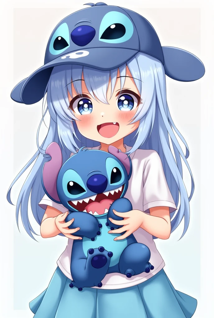 1 girl, wearing a stich cap, her stich t-shirt, light blue skirt, in her hand a stich stuffed animal, light blue hair, long and fringed.