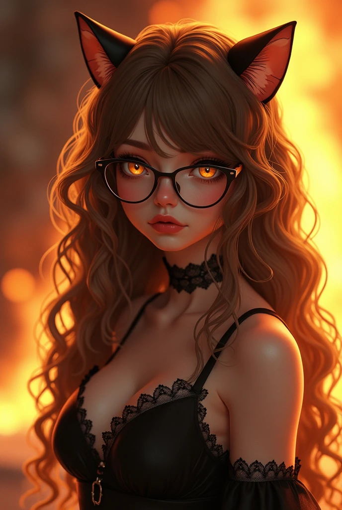A work of art of the highest quality, presenting a girl with unique and striking characteristics. She has long, curly light brown hair., and wear glasses that complement your face. Your cat ears are delicate and realistic, adding a touch of fantasy to your appearance. Your golden eyes are beautiful and expressive, but your face shows no emotion, maintaining a neutral and intriguing expression.She is dressed in a dark brown Lolita dress, richly detailed and stylized, that contrasts with your hair and eyes. The image is a half-length shot, capturing details of the dress and your facial expression accurately.Lighting is done with studio light, ensuring exceptional clarity and sharpness, and the image is rendered in 4k HDR for maximum visual quality. The scene should include a strong fire that adds a dramatic and dynamic element, with meticulously crafted CG details. External lighting should highlight the texture and details of the dress, cat hair and ears, Creating a visually stunning composition.The artwork must be highly detailed, with each element clearly defined and well lit, providing a captivating and unforgettable image.Make sure every aspect is meticulously detailed (1.2), from your exquisitely drawn face (1.2) to the vibrant gradients and tones that bring the scene to life. His eyes, full of depth and detail (1.2), should draw the viewer in, against a richly detailed background and landscape. Employ a dynamic angle (1.2) and pose (1.2), adhering to the rule of thirds (1.3) and incorporating a strong line of action (1.2) for an eye-catching composition.The photo should capture a wide view, bathed in light , highlighting your solitary, seductive presence and your exposed skin. Render this scene in 8K resolution with HDR