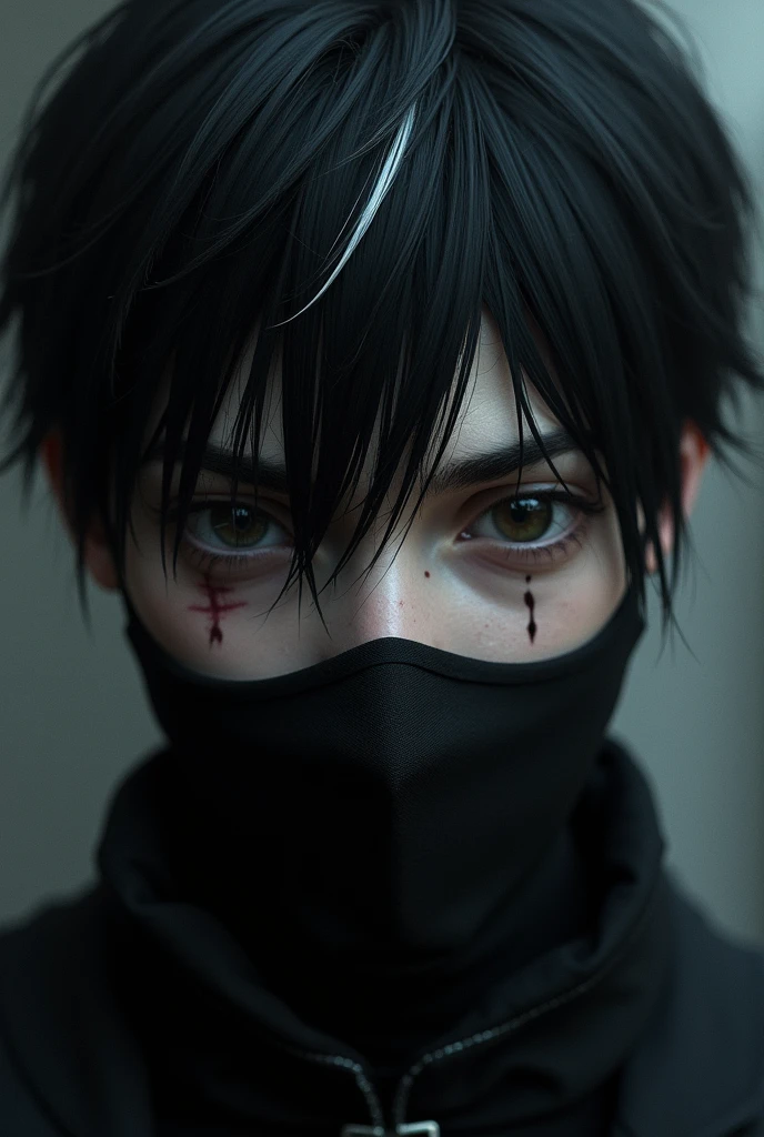 Dark young man, black hair with a small white streak. He wears a mask covering his nose and mouth. There is a deep scar on his left eye and it is clear that this eye is blind because its iris is white and opaque.. The right eye has a completely black iris.. PICTURE REALISTIC.