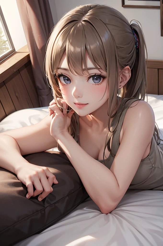 Best Quality,High resolution,8k,finelity detailed background,Masterpiece:1.2),beautiful girl,Shiny khaki hair,pony tail,khaki eyes,Gentle look,A refreshing look,smile,Best quality,Best Quality,Aesthetic and aesthetic:1.2,Best details((Super detailed))(High-definition CG illustrations),Dark grey underwear, (dark gray),Slender body,morning,Sun light,Bedroom,On the bed,smile,blush,cute,Scrounge,Looking up,Being spoiled,super model,wariza,shoot from,below