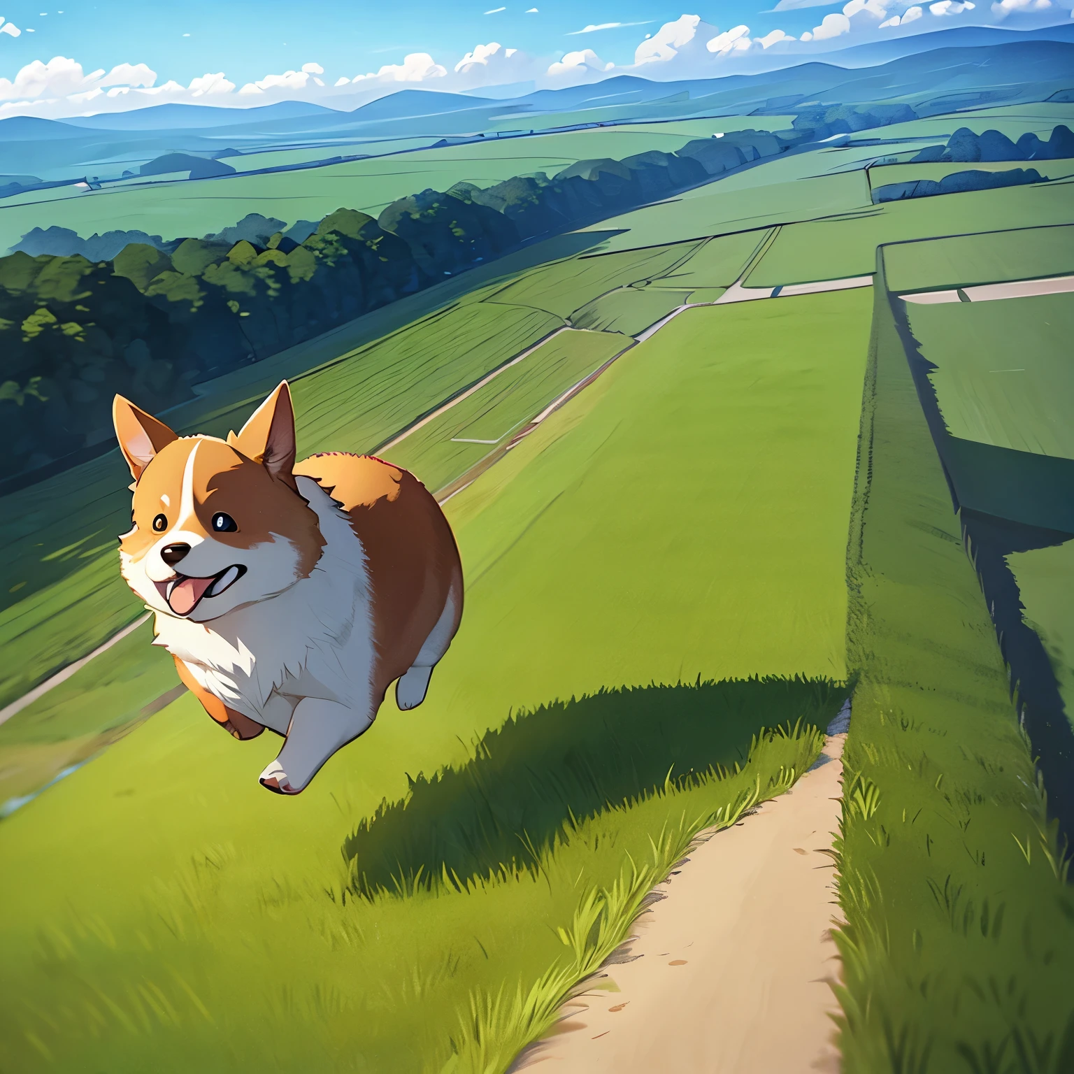 An energetic Corgi is captured mid-run, dashing away from the viewer and towards an expansive, open landscape. The scene is set in a vast countryside with rolling green hills stretching out to the horizon under a bright blue sky dotted with fluffy white clouds. The Corgi, with its short legs and fluffy tail, is full of energy, its ears perked up, and its tongue lolling out in excitement as it runs away from the camera, creating a sense of depth and movement. The sun casts a warm, golden light across the scene, highlighting the vibrant colors of the landscape and the Corgi's fur. The sense of freedom and joy is palpable as the dog sprints away from the canvas towards the endless possibilities that lie ahead in the open field.