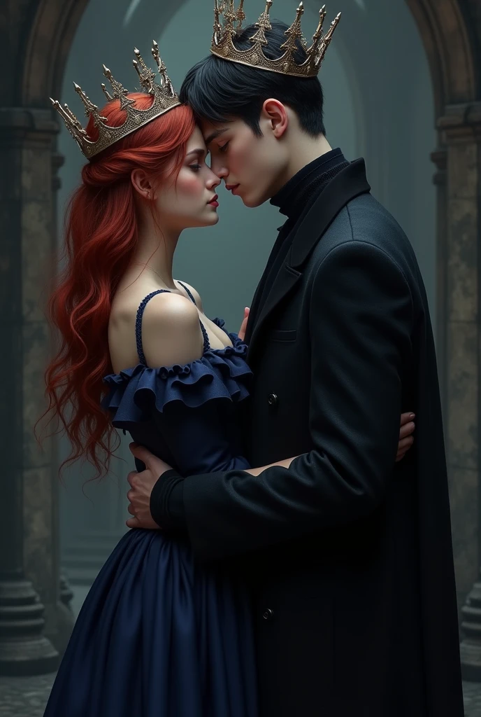 A cover for a dark romance book about vampires and humans ,the girl is human, redhead, brunette, slightly chubby and the boy is a white vampire, pale,high,black hair and dark eyes, They have approximately the appearance of /21 years old She wears a simple navy blue dress and he wears completely black, very elegant. Both with crowns.