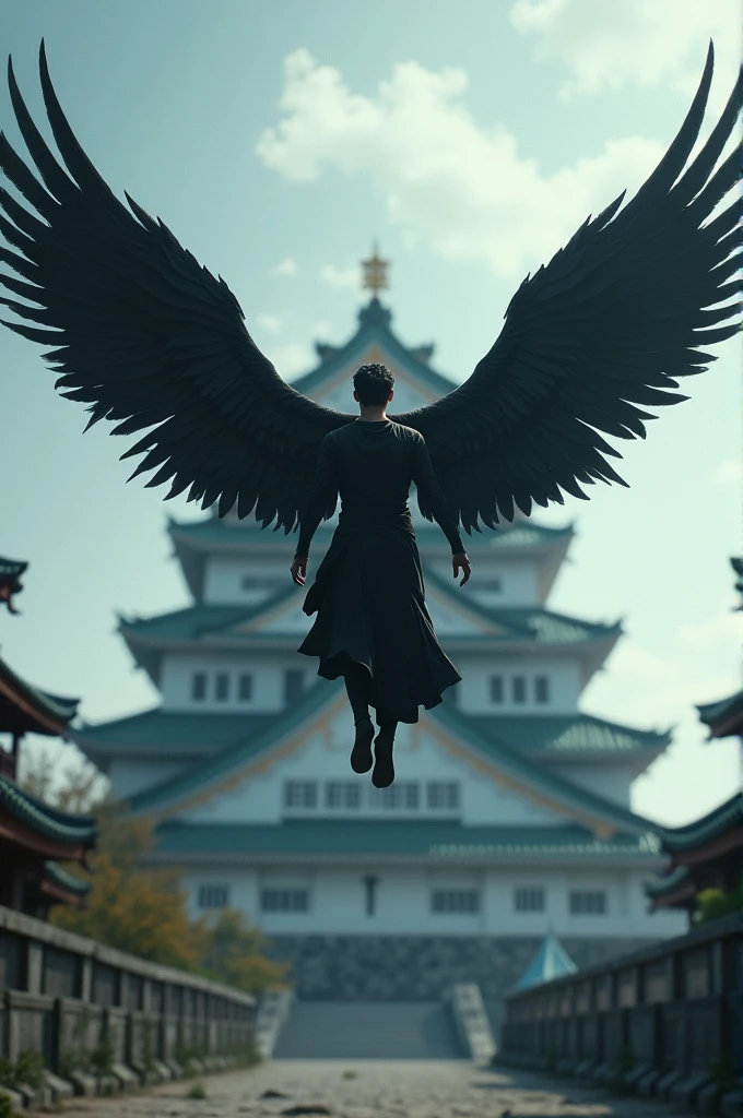 A man with jet-black wings glides from the sky toward a Japanese-style castle.
