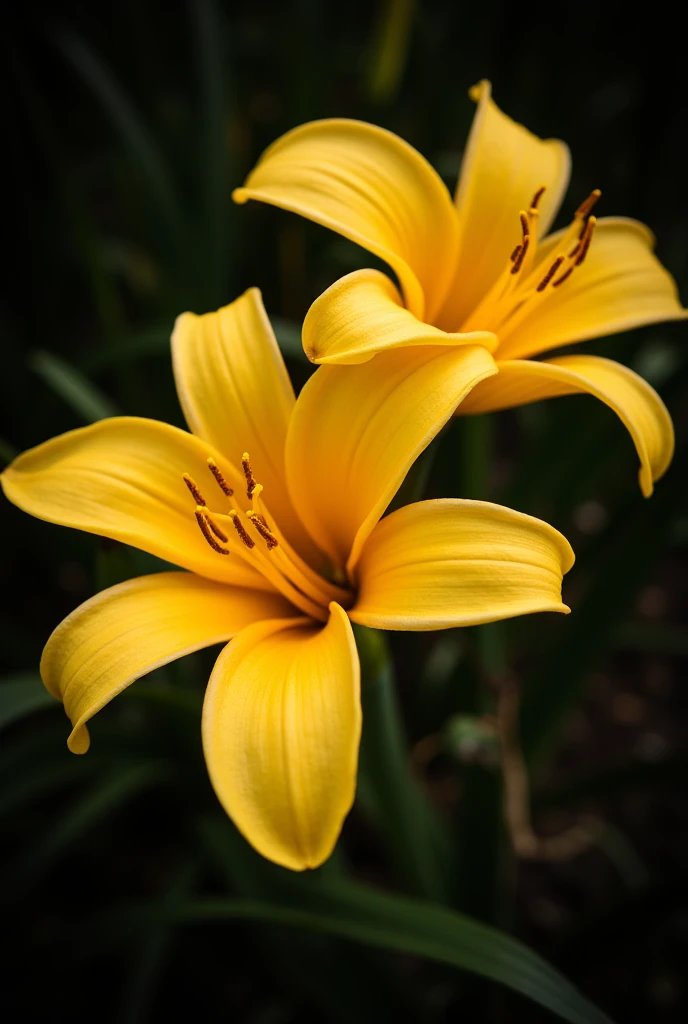 
A close-up of two large, vibrant flowers with delicate golden petals against a dark background