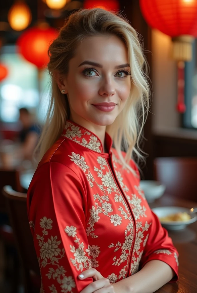 Beautiful blonde woman wearing chinese oriental outfit at restaurant