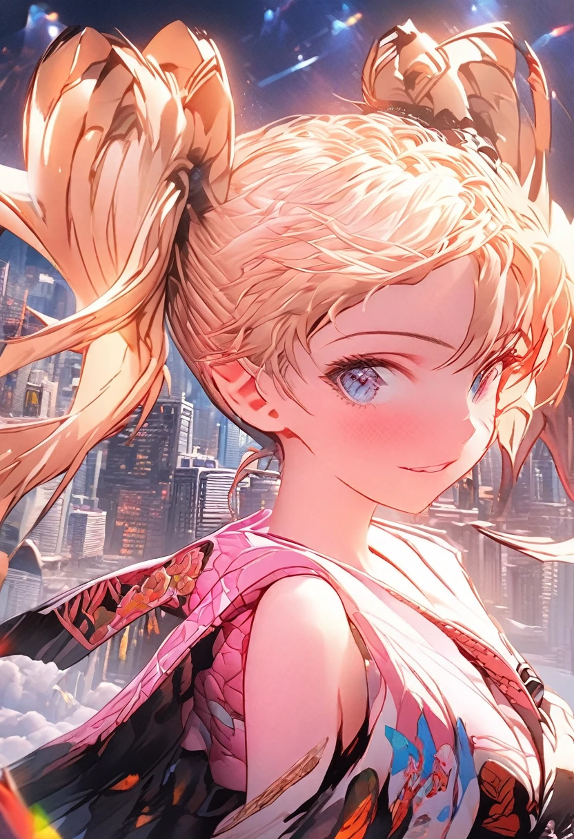 舌、masterpiece, best quality, extremely detailed CG unity 8k wallpaper, A gal with twin tails. Unusual fashion. The background is a cityscape lined with buildings. Octane rendering style. 2.5D art.
