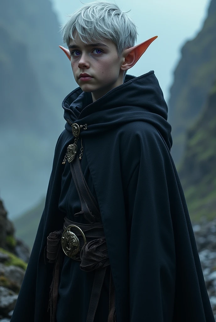 A high-fantasy horror, dark lord, a teenager half-elf boy with silver short hair and purple eyes, Dark wizard, A boy wearing a black long cloak, dark mountains, younger half-elf sorcerer, leaf-shaped ears, realism 