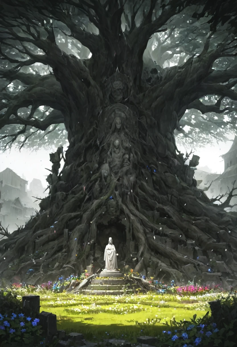 Large sacred tree in the background, sacred statue trapped in the tree between its roots, giant golem rooted in the tree (dreamy landscape), abandoned village, field of flowers, Garden, Raby, brutal violence