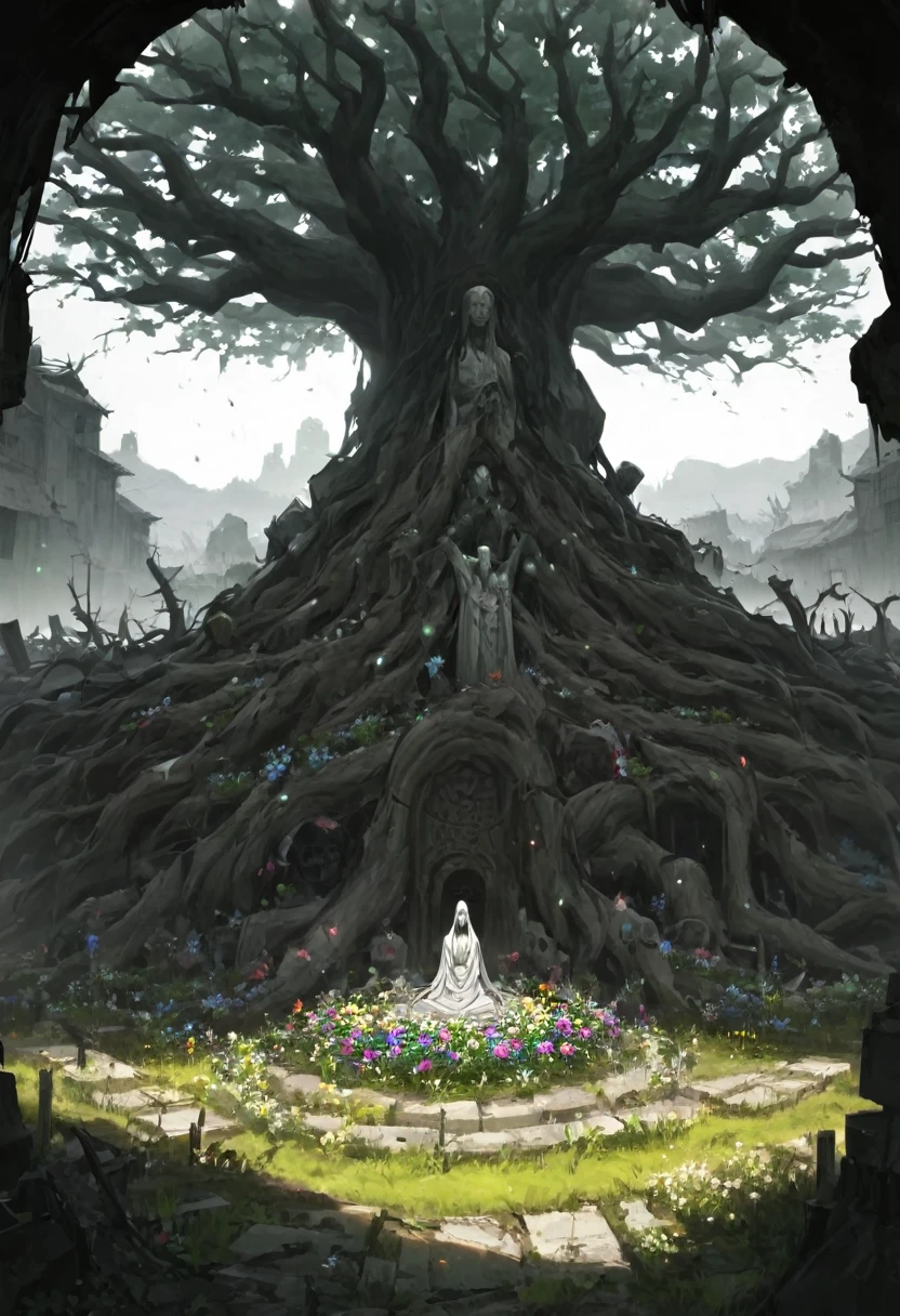 Large sacred tree in the background, sacred statue trapped in the tree between its roots, giant golem rooted in the tree (dreamy landscape), abandoned village, field of flowers, Garden, Raby, brutal violence