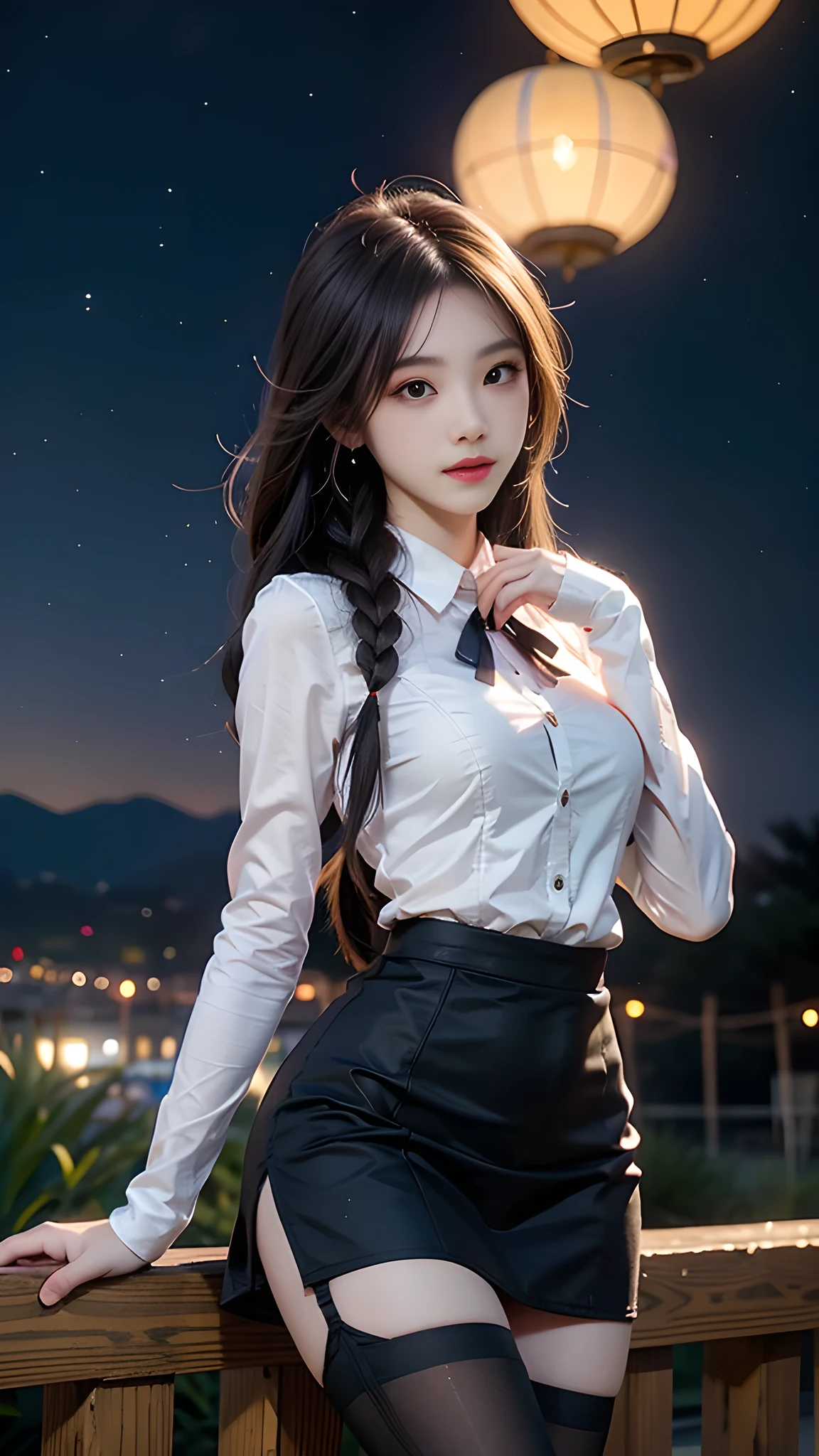 ulzzang-6500-v1.1, (RAW photo: 1.2), (Real photo), (Real photo: 1.4), 1 girl、Perfect anatomy、19 years old、Looking at the camera、Medium length hair、side braids, uniform short skirt, in a surreal royal garden, with many hanging lanterns, under the starry night sky, ((starry night: 1.1))、(Surreal tights: 1.2), (Business service)、Asian eyes Ella,