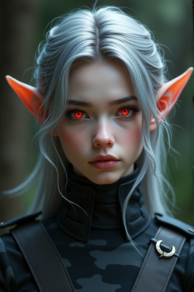 She is a 22 year old girl with elf ears, one small fangs, blood-colored eyes and pupils similar to those of wolves, hair black as night,but with silver locks, short to the neck and wavy. a monochrome black camouflage military suit, a cold personality, He is a student at the military academy "war and dragons" from the land of the elves