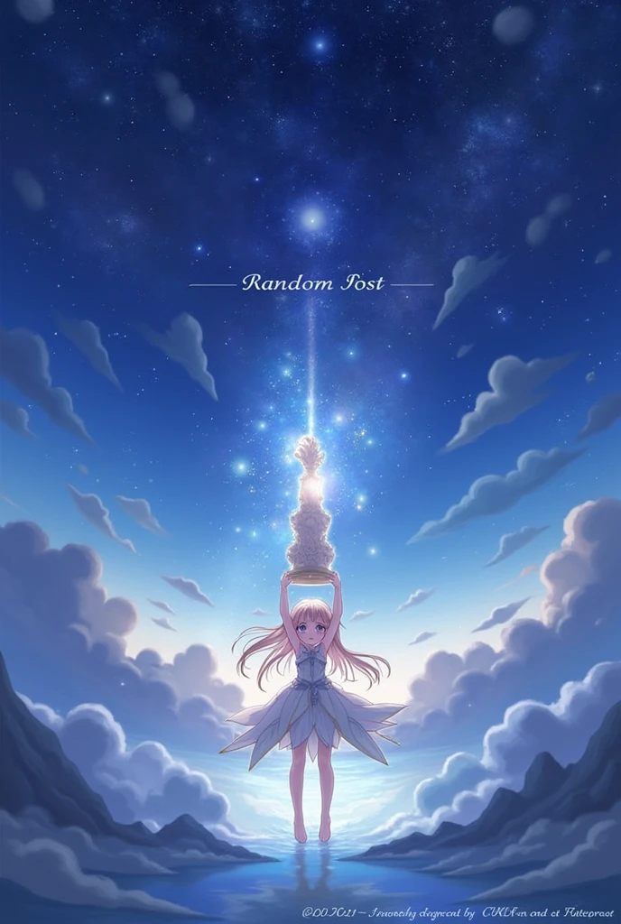 Make a 700 x 700 image with a star and sky setting with anime and a Genshin Impact style anime girl holding the Random Post text above her as if she were a statue