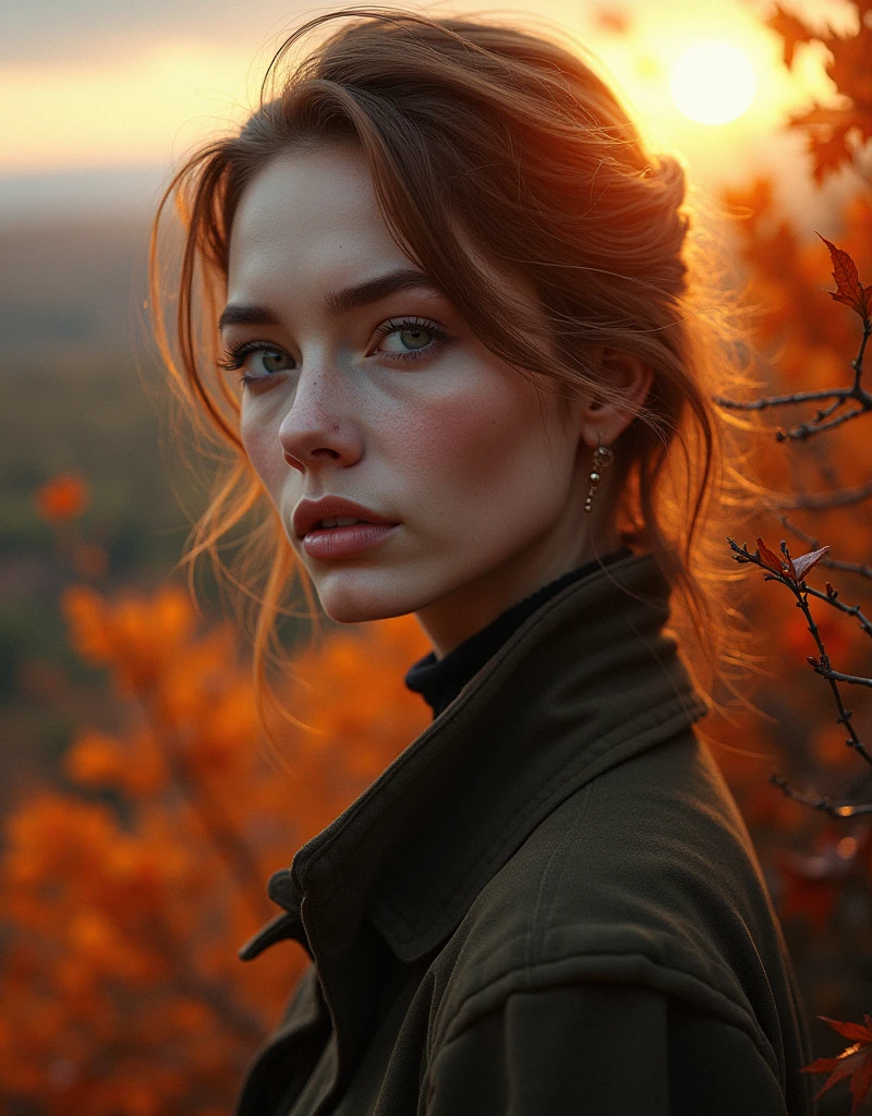 a beautiful woman with agnes cecile style, sunset, massif design, autumn lights, detailed portrait, hyper realistic, photorealistic, 8k, masterpiece, detailed eyes and face, intricate details, atmospheric lighting, dramatic colors, cinematic lighting, dramatic shadows, warm tones, stunning landscape, dramatic sky, glowing sun, detailed foliage, vibrant colors, detailed textures, realistic skin, detailed clothing, beautiful autumn scenery