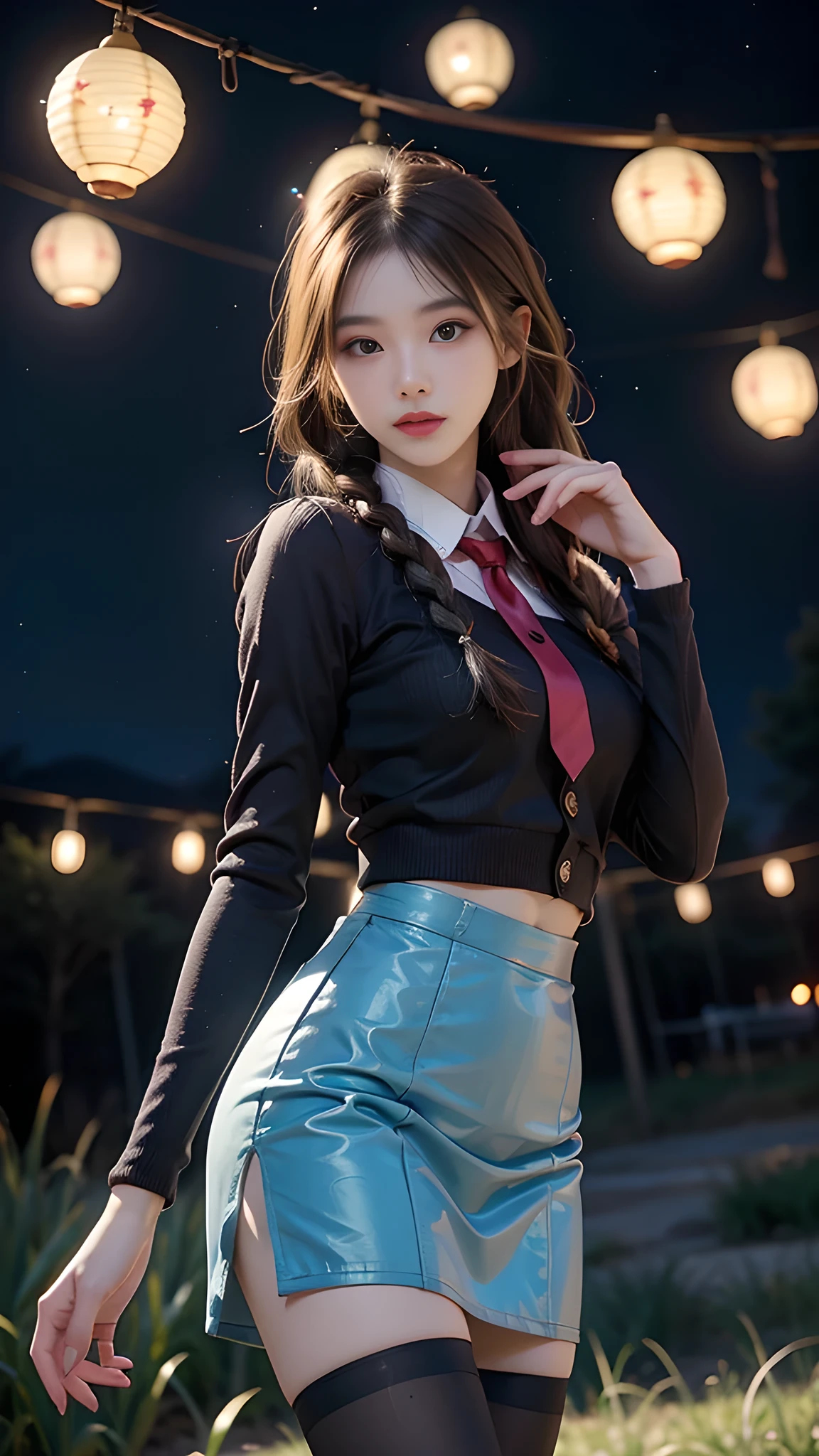 ulzzang-6500-v1.1, (RAW photo: 1.2), (Real photo), (Real photo: 1.4), 1 girl、Perfect ???????、19 years old、Looking at the camera、Medium length hair、side braids, uniform short skirt, in a surreal royal garden, with many hanging lanterns, under the starry night sky, ((starry night: 1.1))、(Surreal tights: 1.2), (Business service)、Asian eyes Ella,