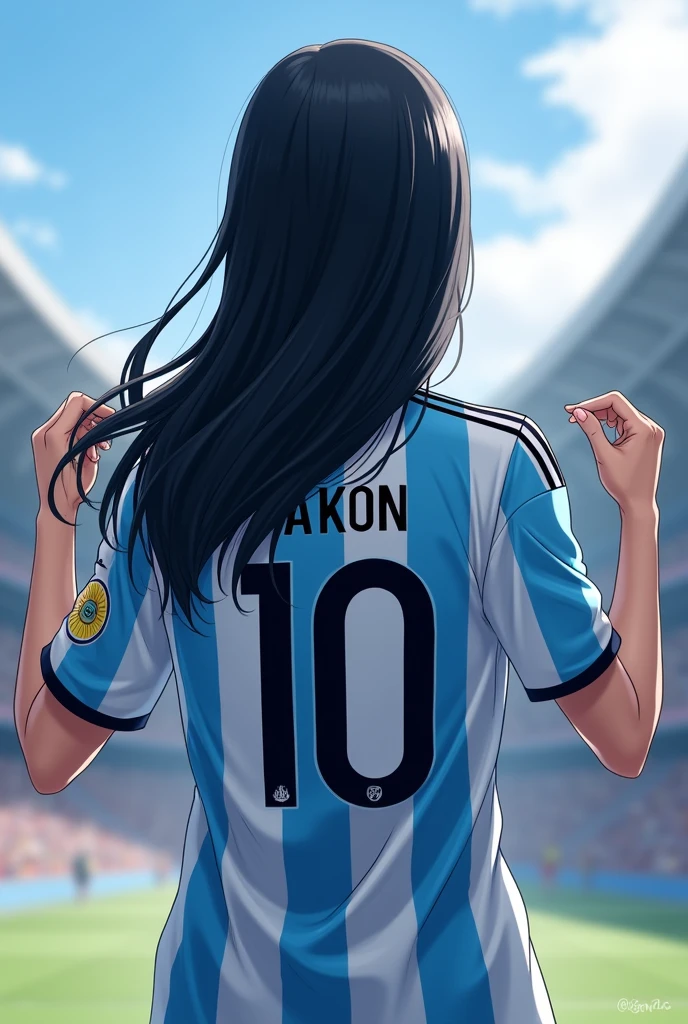 A girl showing her jersey to the audience, put name KAKON and jersey number 10. Jersey should be argentina football team.also put argentina logo. Girl should show the backpart.not face.not human anime type.22 years old girl anime..black hair