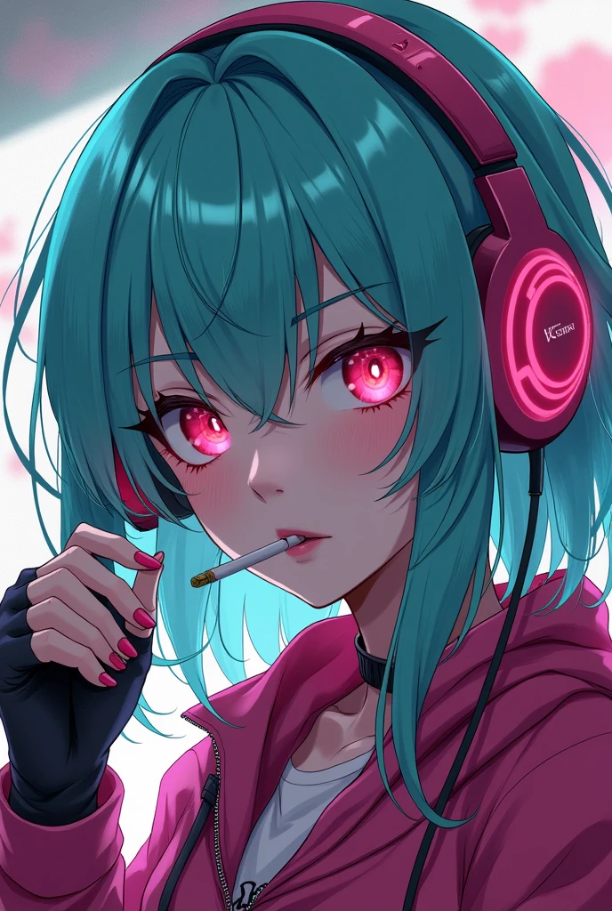 anime cyberpunk serious girl, pink headphones, turquoise hair, cigarette, pink eyes