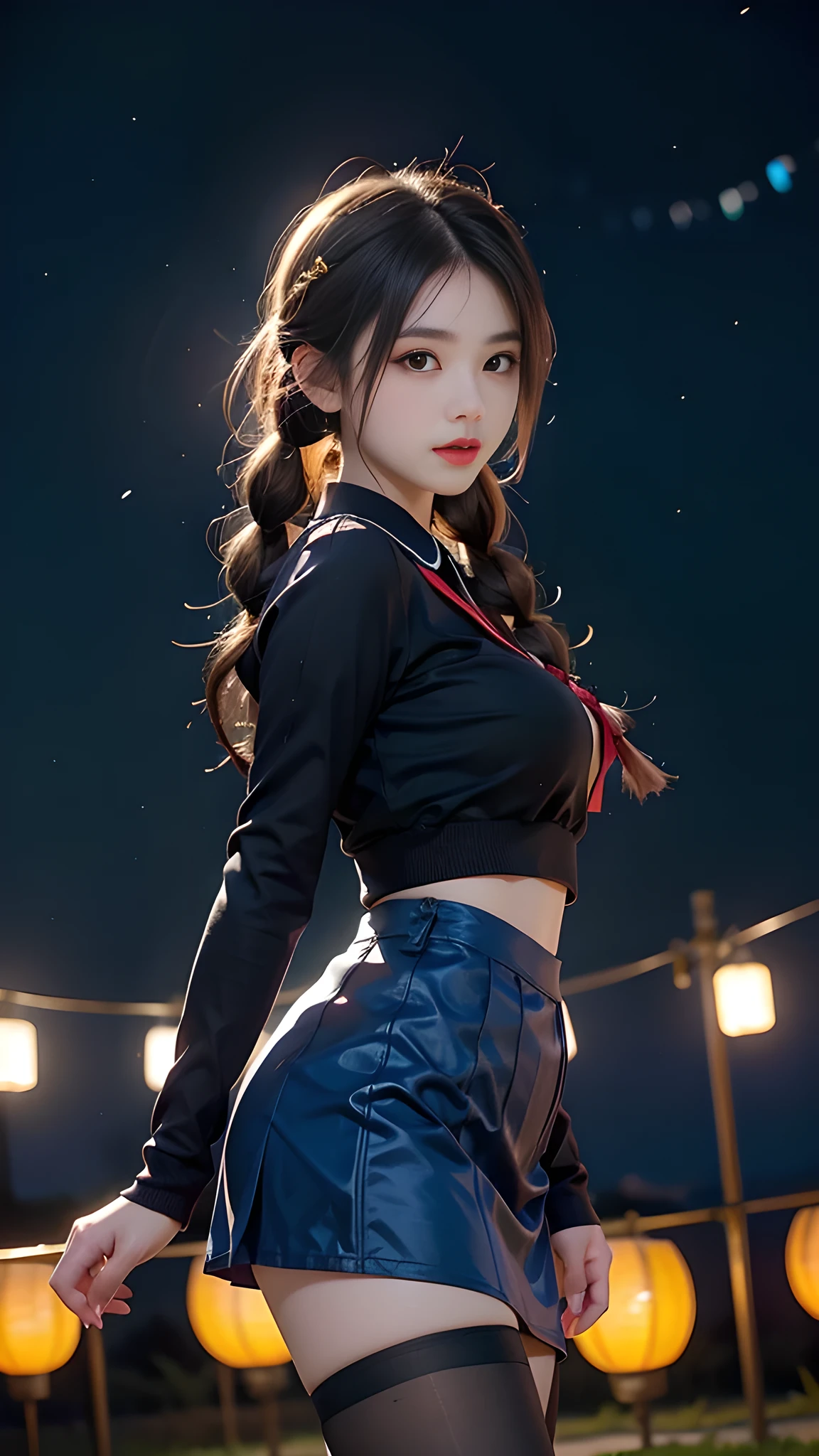 ulzzang-6500-v1.1, (RAW photo: 1.2), (Real photo), (Real photo: 1.4), 1 girl、Perfect anatomy、19 years old、Looking at the camera、Medium length hair、side braids, uniform short skirt, in a surreal royal garden, with many hanging lanterns, under the starry night sky, ((starry night: 1.1))、(Surreal tights: 1.2), (Business service)、Asian eyes Ella,