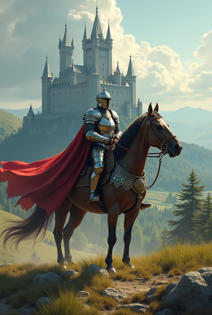 Make a picture of the back of a knight who is riding his horse, In the background there is a castle which is their destination