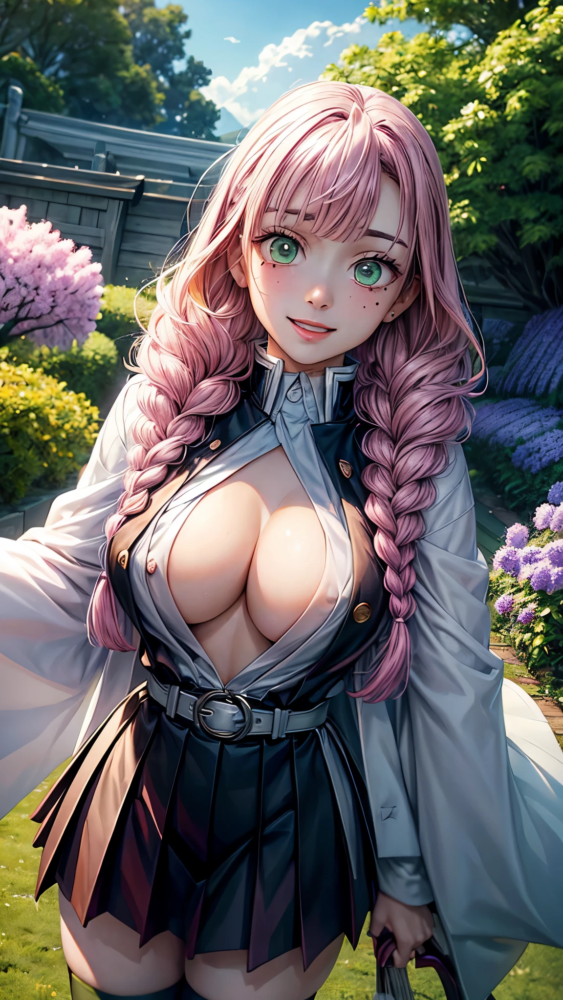 Potrait of beautiful MitsuruDS,(masterpiece, Highest quality:1.3), (Super detailed:1.4),(Super detailed顔:1.2),(Super detailed目:1.2), (hyperRealistic:1.3), (RAW Photos:1.2), High-definition RAW color photos, Professional photos, (PhotoRealistic:1.4), (Realistic:1.4),8k,Professional Lighting, Perfect Anatomy, BREAK,(Big Breasts:1.6),(blush:1.2),(Bright smile:1.2),detail, Sharp focus, dramatic,(dutch angle:1.2),Wisteria field,(black demon slayer uniform:1.2), long sleeves, japanese clothes, cleavage, open clothes,White belt,White Haori,black skirt,black jacket,pleated skirt, green thighhighs, zettai_ryouiki, BREAK,Bright green eyes,(Two-tone hair,Pink Hair,hair with green tips:1,2),mole under eyes,