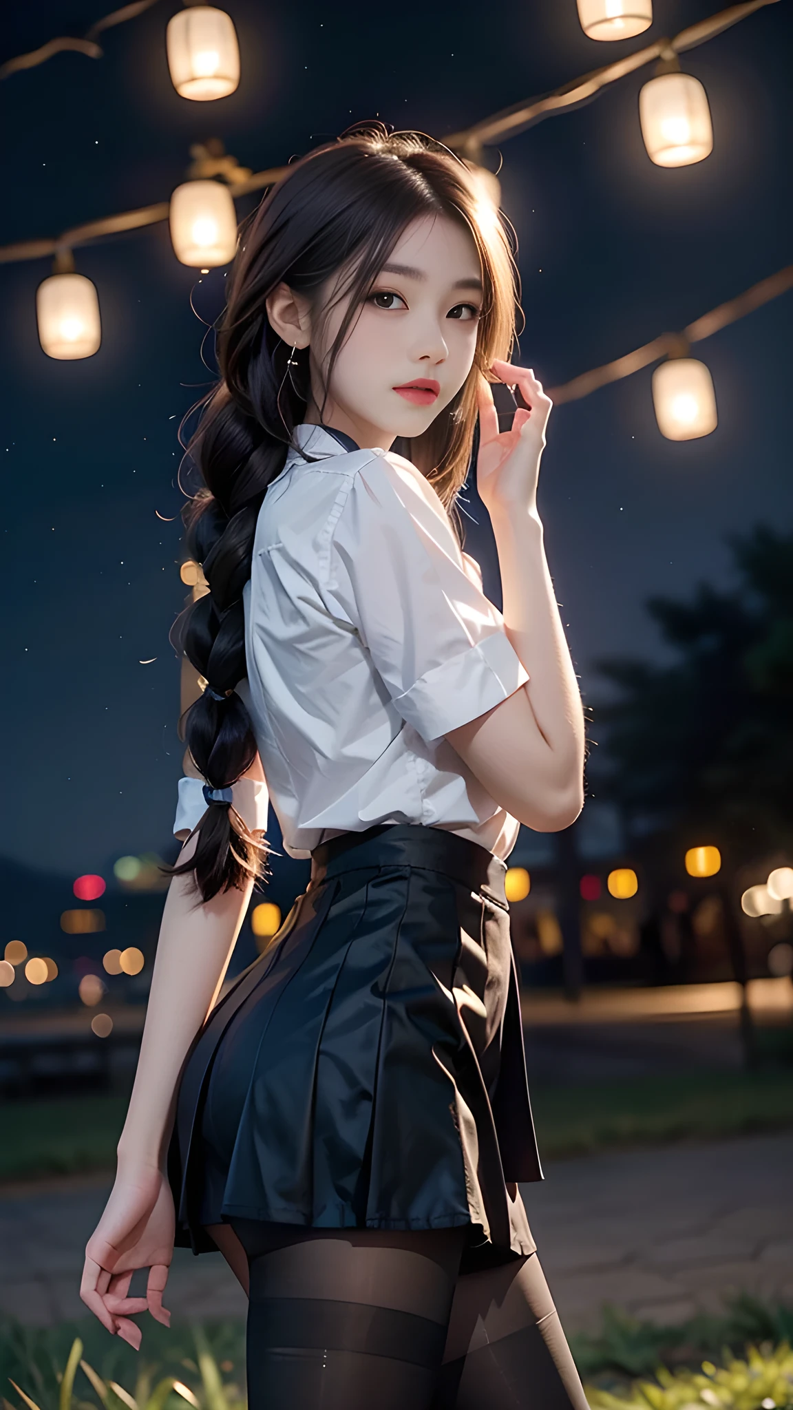 ulzzang-6500-v1.1, (RAW photo: 1.2), (Real photo), (Real photo: 1.4), 1 girl、Perfect anatomy、19 years old、Looking at the camera、Medium length hair、side braids, uniform short skirt, in a surreal royal garden, with many hanging lanterns, under the starry night sky, ((starry night: 1.1))、(Surreal tights: 1.2), (Business service)、Asian eyes Ella,