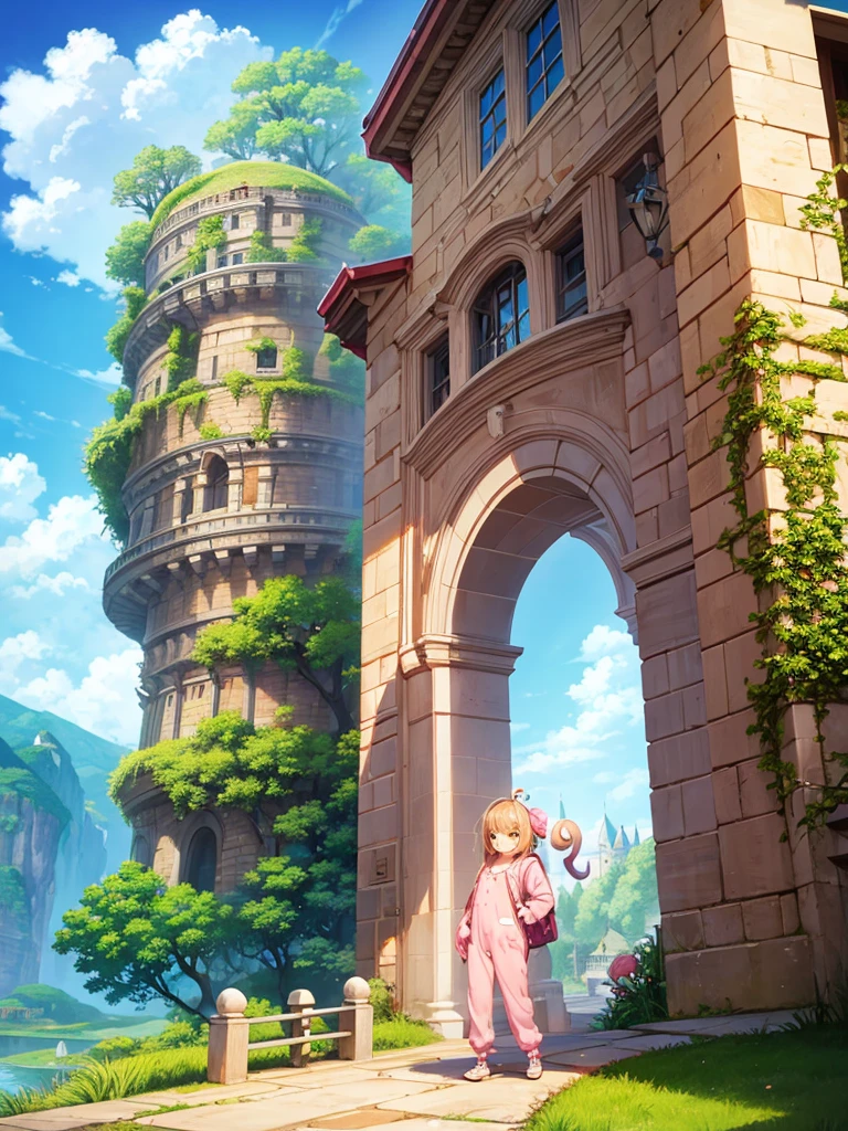 A snail in pink pajamas at the entrance to a castle in the clouds
