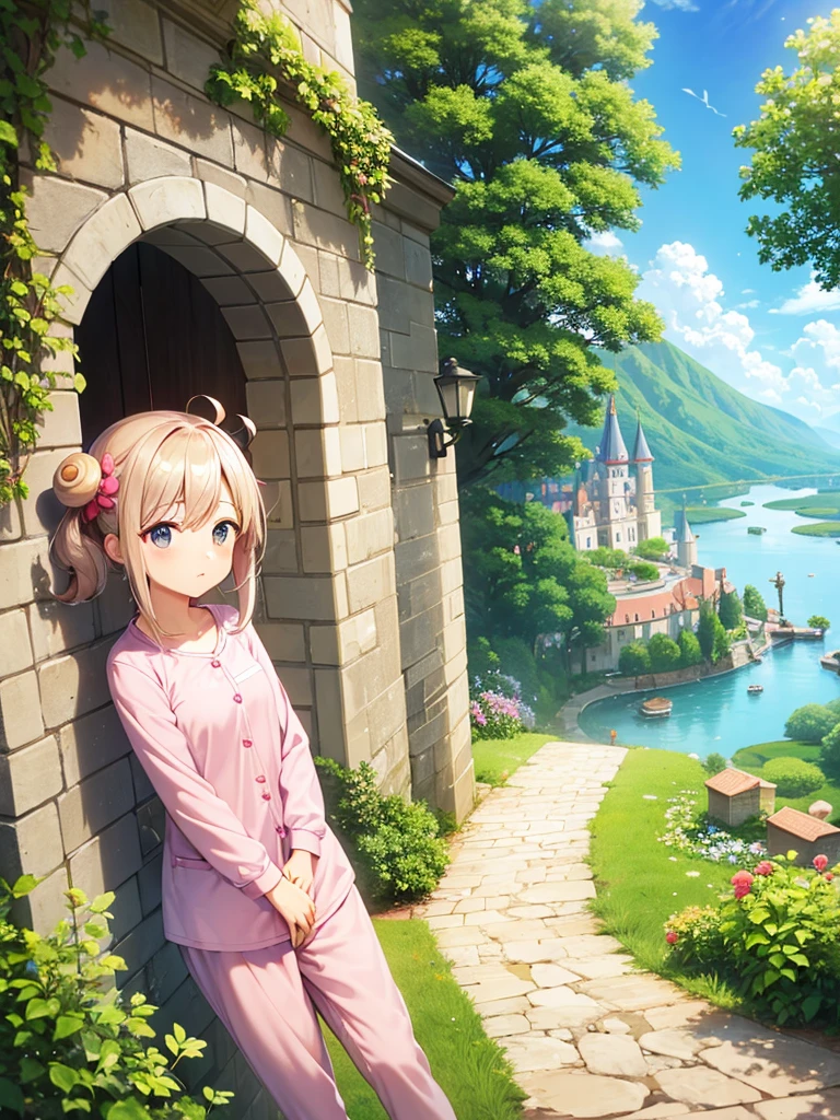 A snail in pink pajamas at the entrance to a castle in the clouds