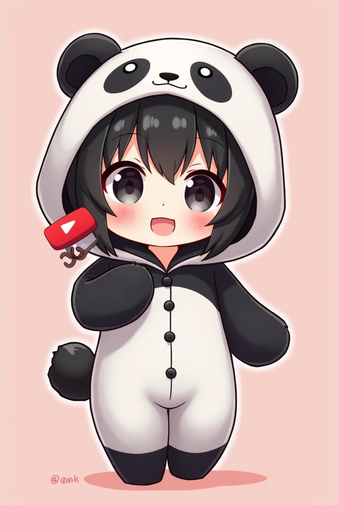 A black haired chibi wearing panda pajamas and holding youtube