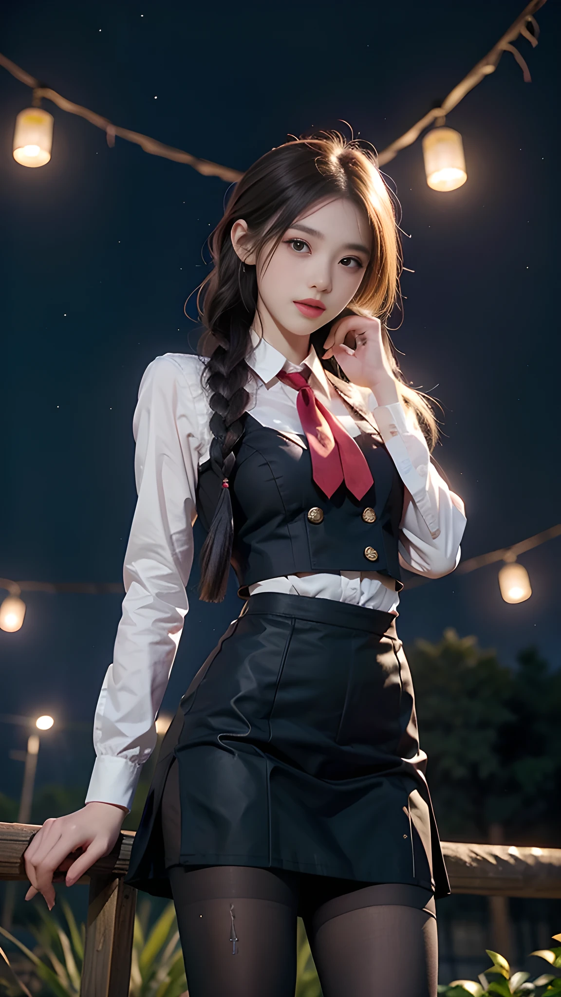ulzzang-6500-v1.1, (RAW photo: 1.2), (Real photo), (Real photo: 1.4), 1 girl、Perfect anatomy、19 years old、Looking at the camera、Medium length hair、side braids, uniform short skirt, in a surreal royal garden, with many hanging lanterns, under the starry night sky, ((starry night: 1.1))、(Surreal tights: 1.2), (Business service)、Asian eyes Ella,