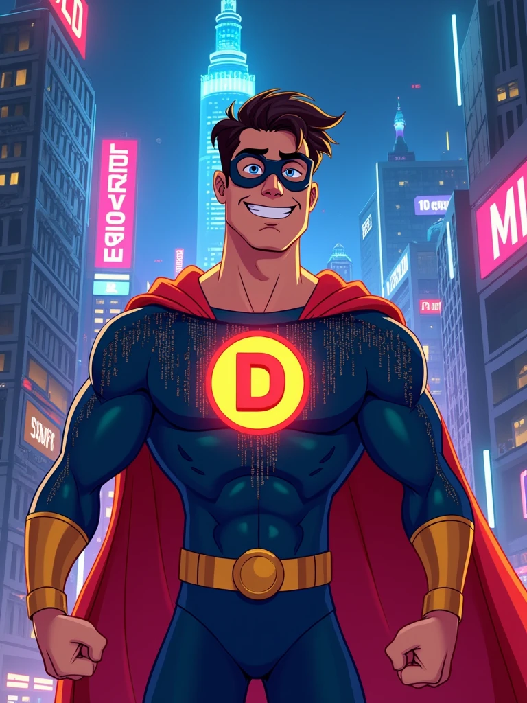 a web developer as super hero with letter "D" on chest in disney style