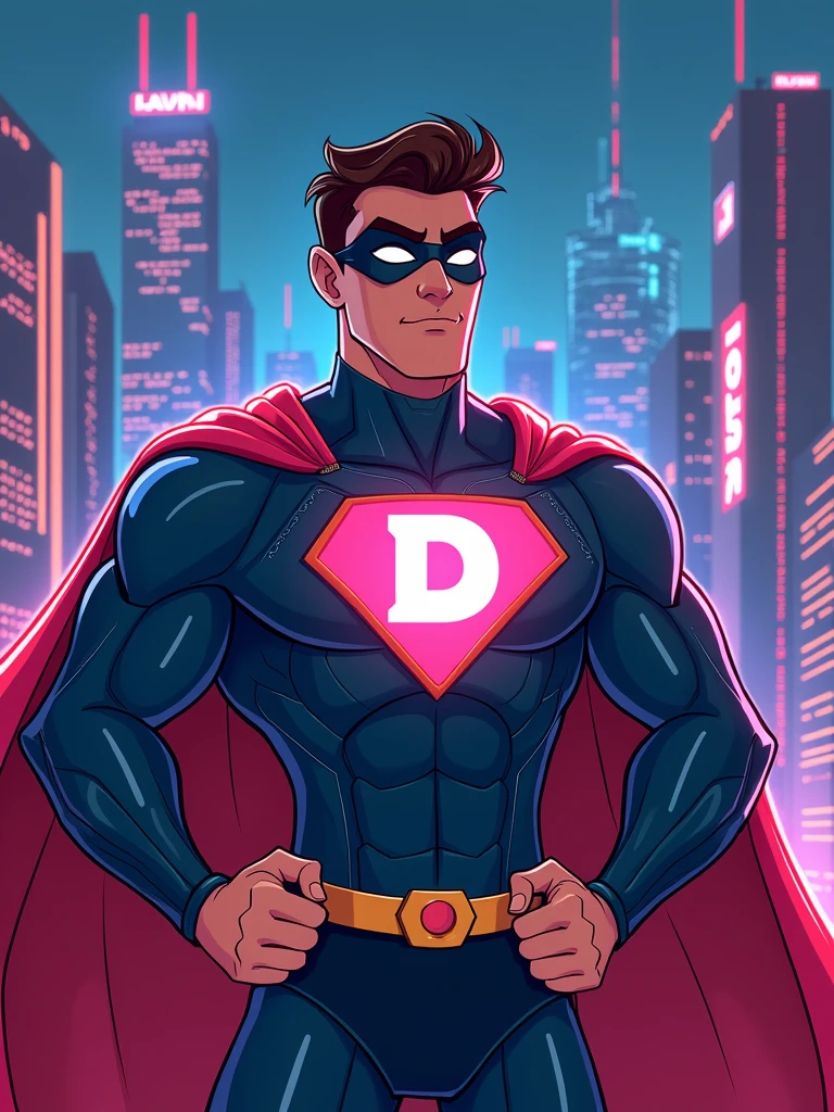 a web developer as super hero with letter "D" on chest in disney style