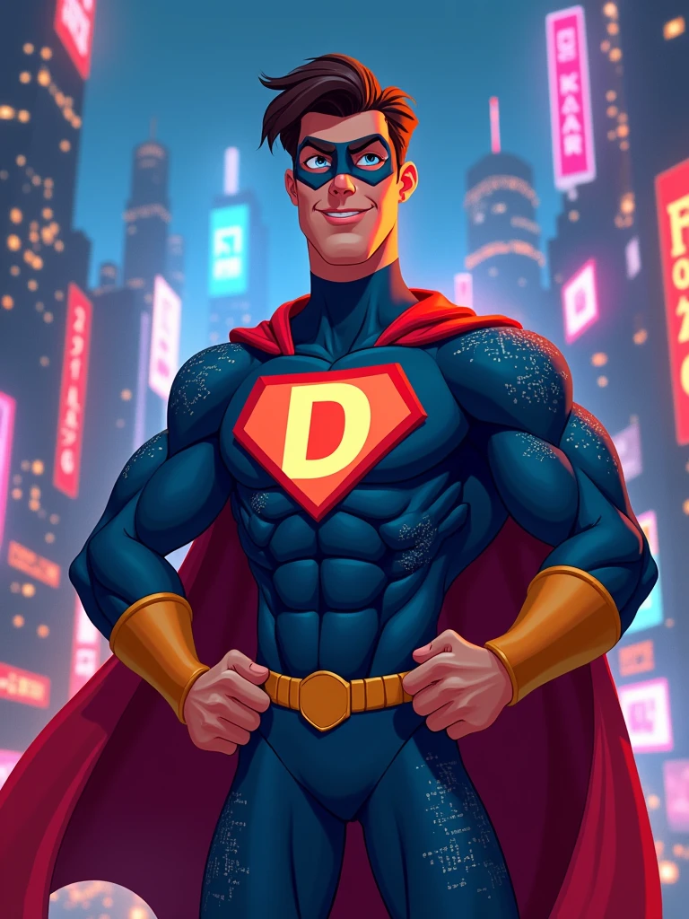 a web developer as super hero with letter "D" on chest in disney style