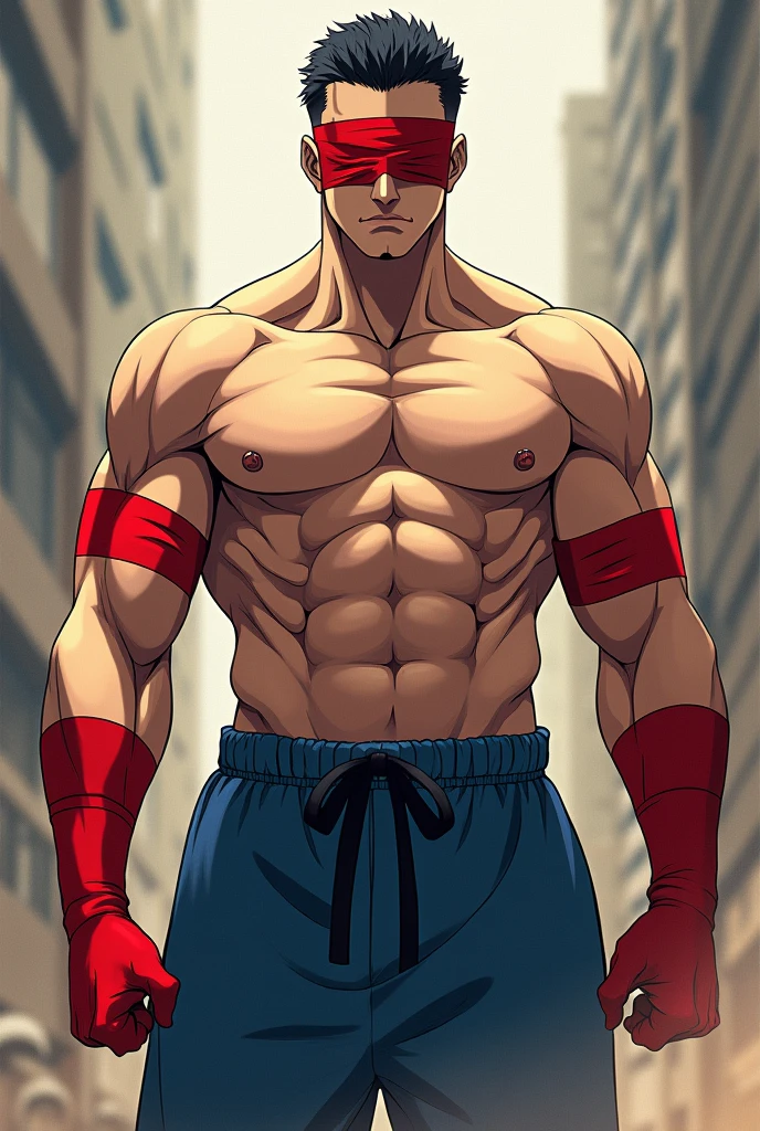 Physicist: masculine, muscular and with an imposing presence.
vision: blind, with a red band covering his eyes.
torso: wearing no shirt, showing off his muscles.
arms: Red stripes on both forearms, contrasting with the skin.
body hair: blackw, short and fully exposed, without any track.
lowrise: Plain blue shorts, simple and functional. It&#39;s an anime character and the red stripe is on the right and left forearms. The pants are okay. The stripped blue shorts have a more anime look, so they look more like the blue knights style. The line is set back and makes a fight style. It&#39;s very muscular. Make the musicians smaller and make the line look like the knights of the zodiac. Cross. The red stripe lowers them.