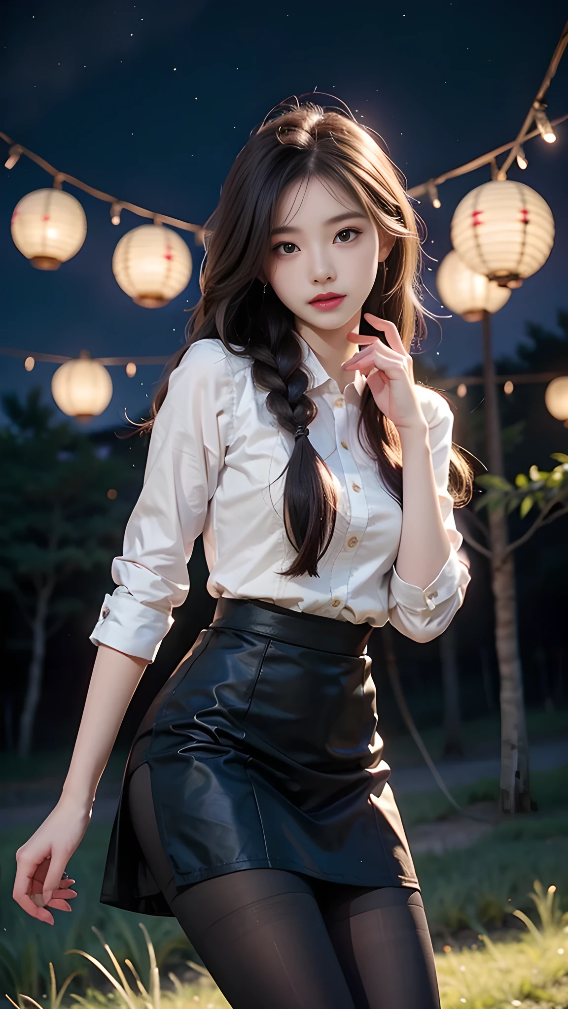 ulzzang-6500-v1.1, (RAW photo: 1.2), (Real photo), (Real photo: 1.4), 1 girl、Perfect anatomy、19 years old、Looking at the camera、Medium length hair、side braids, uniform short skirt, in a surreal royal garden, with many hanging lanterns, under the starry night sky, ((starry night: 1.1))、(Surreal tights: 1.2), (Business service)、Asian eyes Ella,