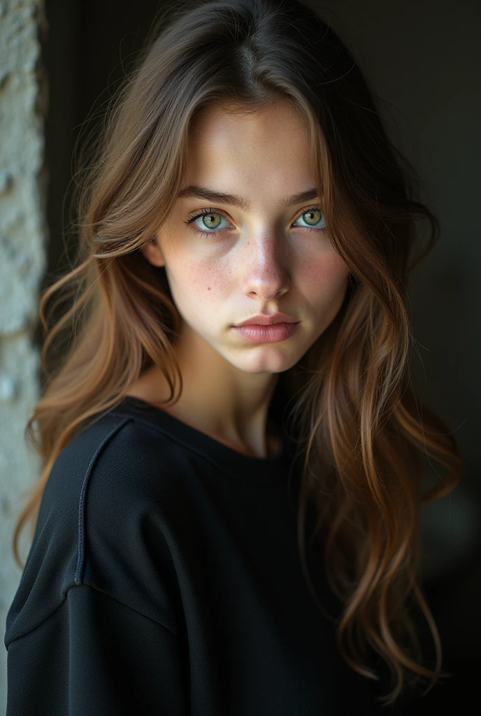 Girl with long brown hair and green eyes wearing a black sweatshirt