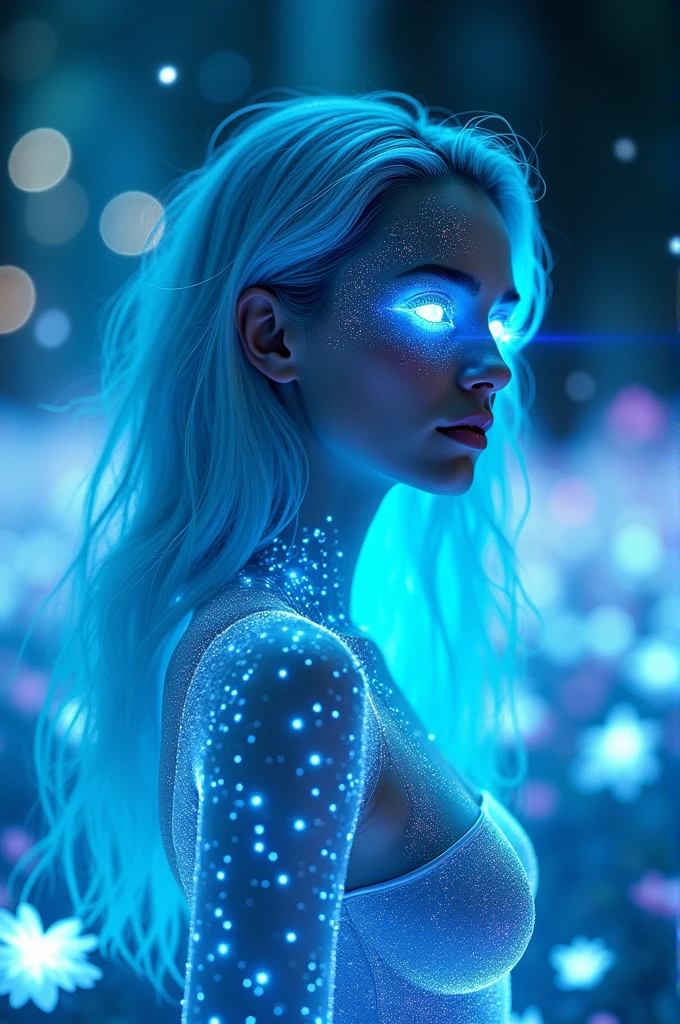 A futuristic, otherworldly woman with luminous, neon blue features. Her eyes and hair emit a radiant glow, blending seamlessly with the surrounding environment. The scene is set in an enchanted digital forest, where holographic plants and flowers pulse with a soft, ethereal light. Her skin is slightly reflective, with shimmering patterns that mimic the constellations. She stands gracefully among the glowing flora, her expression calm and inquisitive, embodying the mystique of a cybernetic fairy in a surreal, neon-lit landscape."