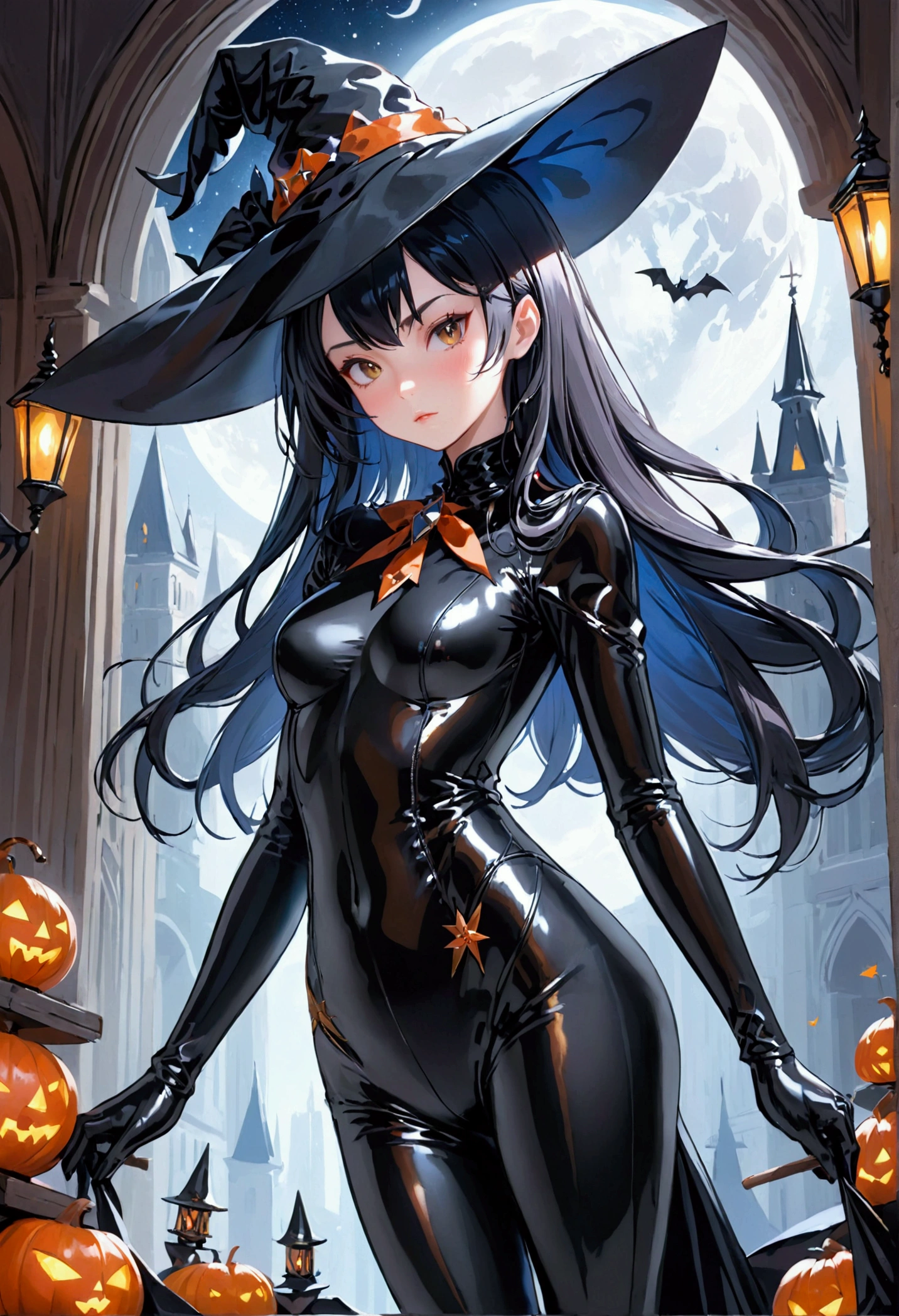 Foxgirl witch in black latex suit