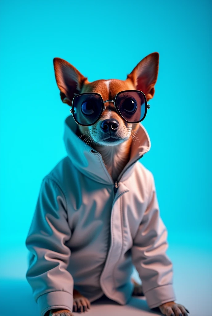 The best cell phone wallpaper, Award-Winning Wallpaper, portrait photography, In the front view is a portrait of a cute dog wearing mid-1960s space age fashion, Side view photo, Shot with Canon EOS R5, Set a strong contrast that accentuates the subject, Fluorescent blue tone, Wearing a very modern coat and sunglasses is a modern 1960s style, Clothes all in one color, beautiful background