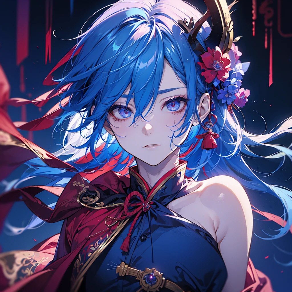 Man, handsome, refreshing, blue hair, red demon-like horns, gentle eyes, blue kimono, one purple hair, horns as the only decoration on his head, short hair, horns
