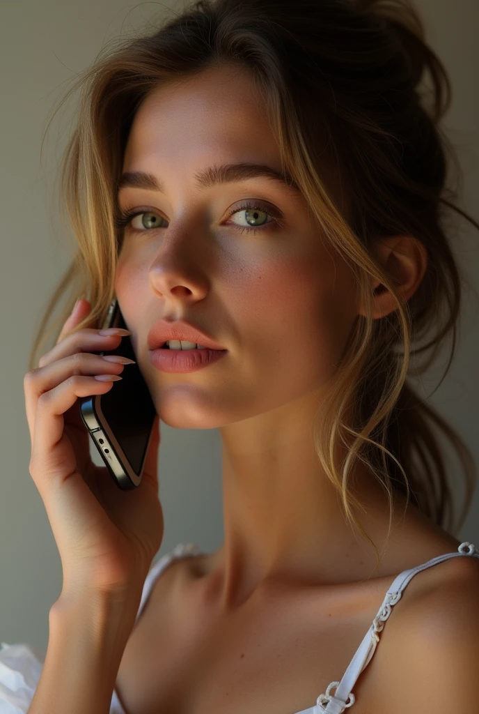 19 year old woman subtle facial features sparkling eyes neckline perfect body sexy body with phone